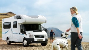 Woman with dog and motorhome